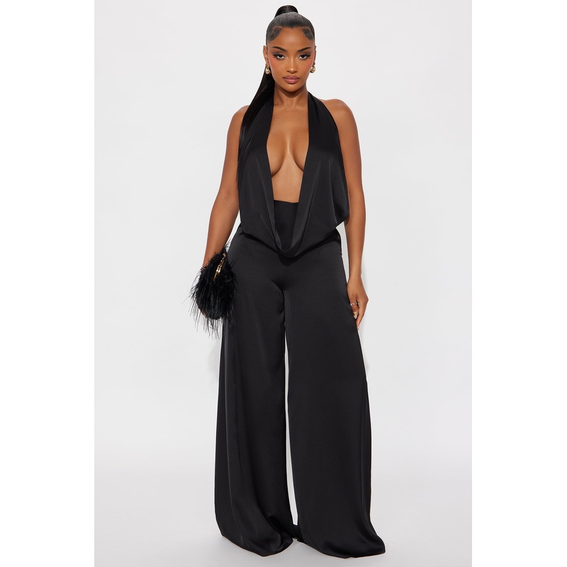 Sun and Sips Solid Satin Jumpsuit – Black