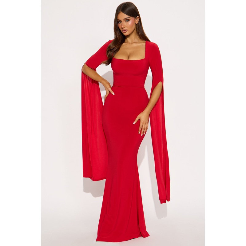Thinking Rich Cape Maxi Dress – Red
