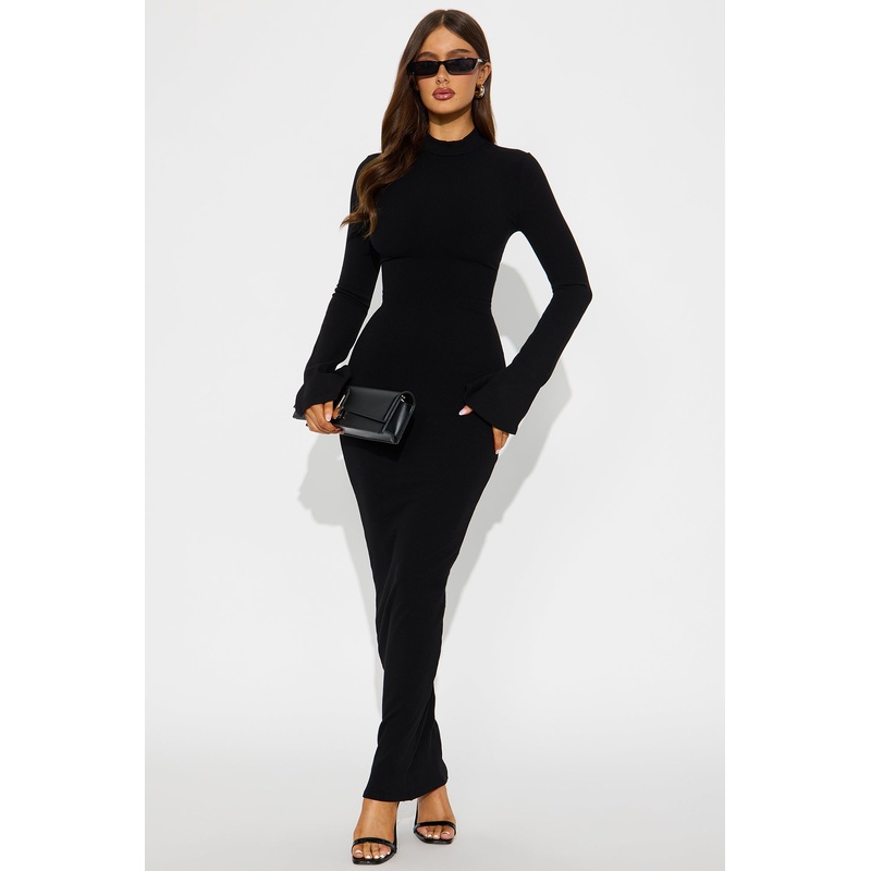 Amaya Snatched Long Sleeve Maxi Dress – Black