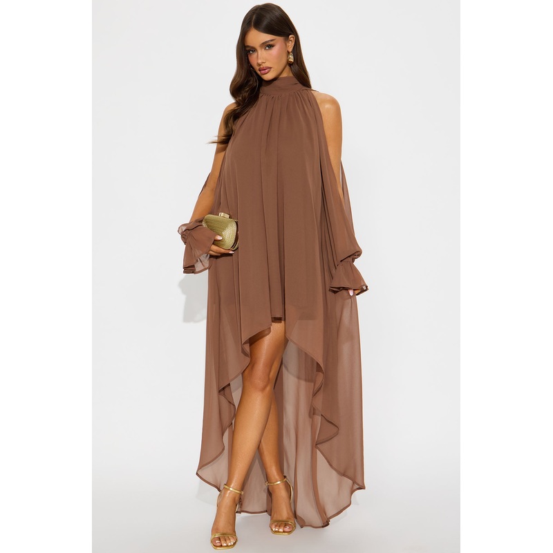 Aryal Long Sleeve Chiffon Maxi Dress – Brown