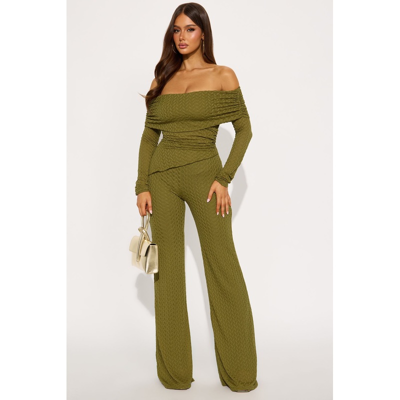 Becca Off Shoulder Textured Pant Set – Olive