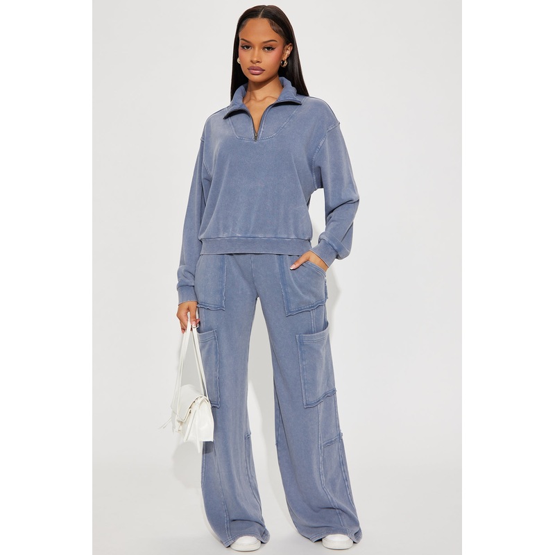 Come And Go Quarter Zip Washed Pant Set – Navy