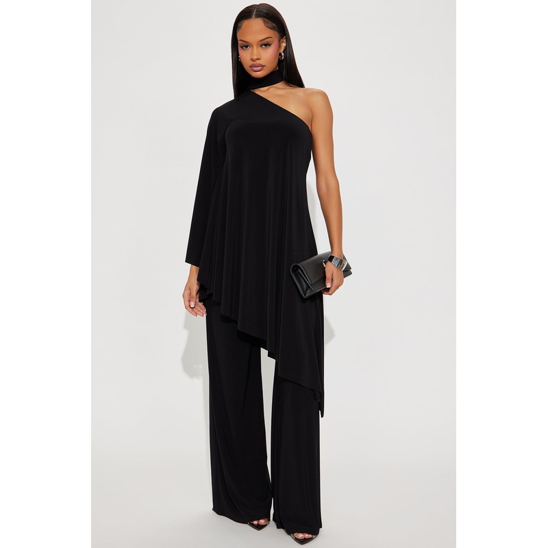 Draped Devotion One Shoulder Pant Set  – Black