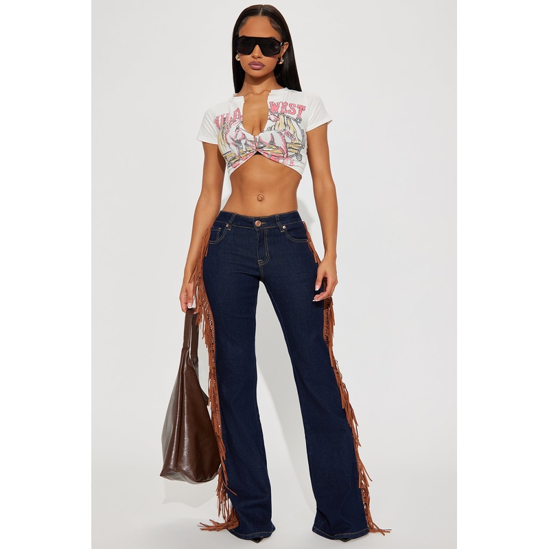 Howdy Girl Low Rise Fringe Flare Jeans – Dark Denim