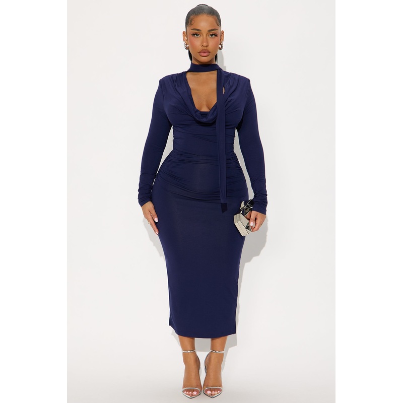 On Rehearsal Long Sleeve Cowl Neck Midi Dress – Navy