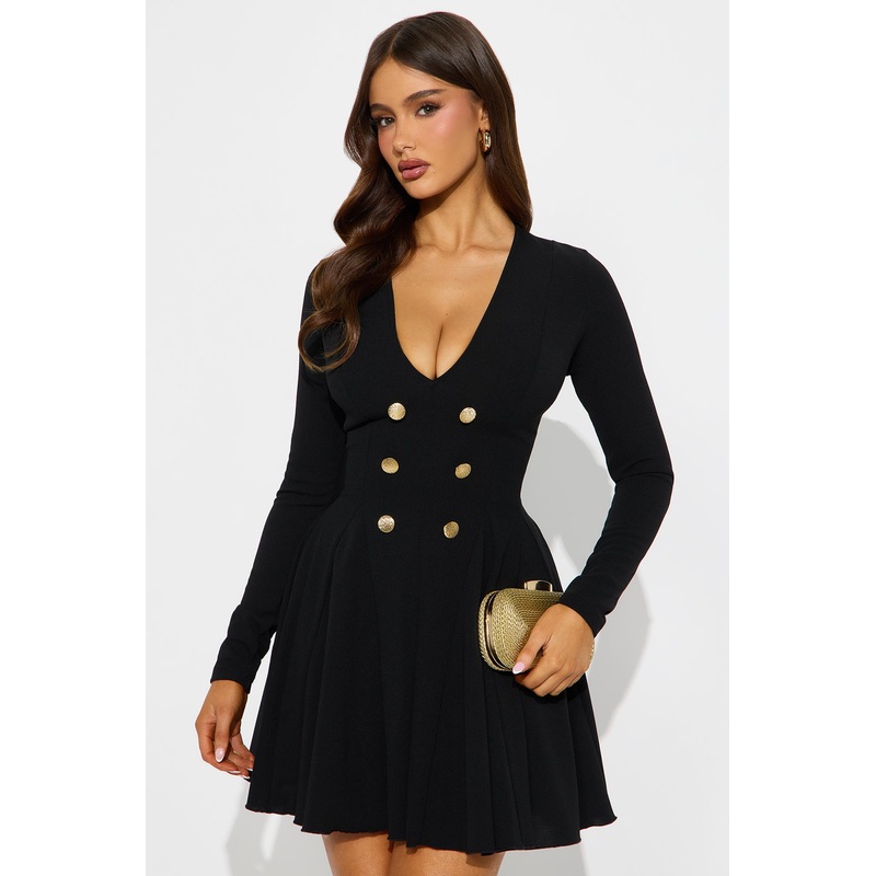 Queen Vibes Crepe Long Sleeve Mini Dress – Black
