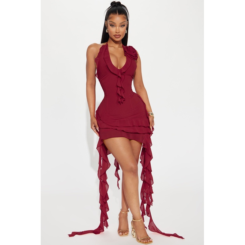 Ruffles and Roses Mini Dress – Wine