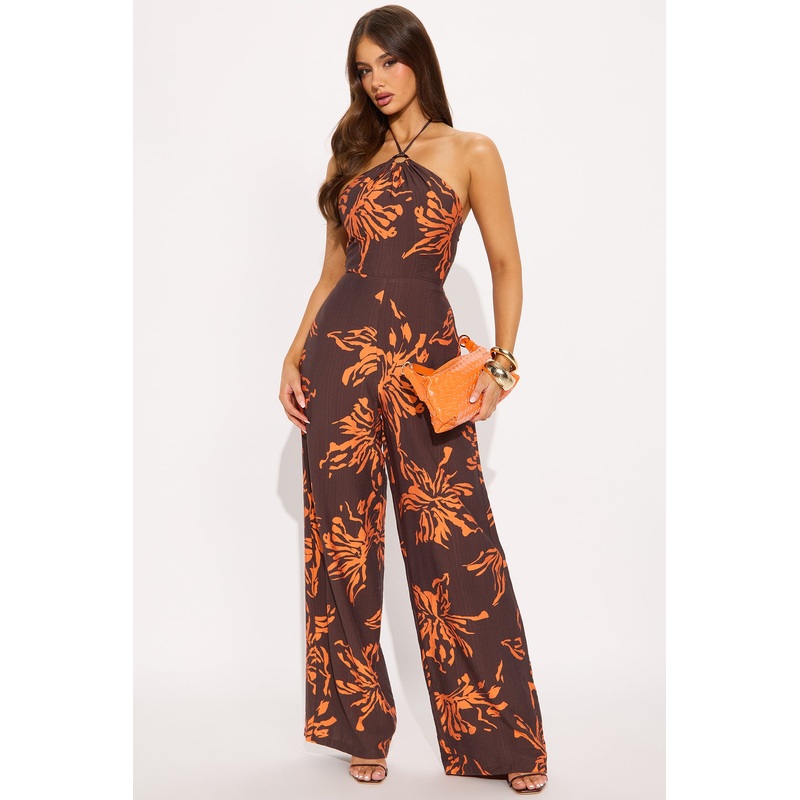 Serena Linen Halter Jumpsuit – Brown Combo