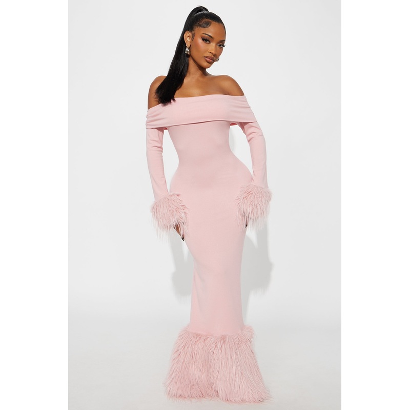 Soft Season Faux Fur Maxi Dress – Pink