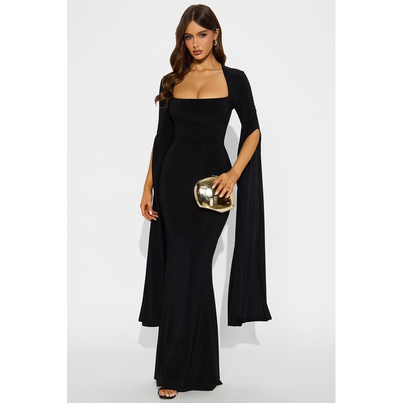 Thinking Rich Cape Maxi Dress – Black