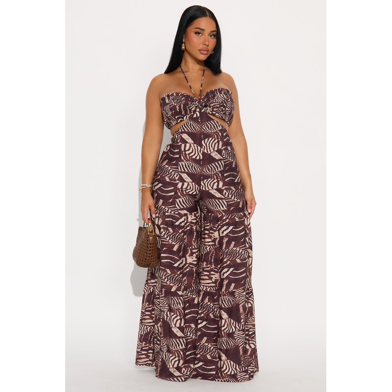 Veronica Animal Print Tiered Jumpsuit – Chocolate/Combo