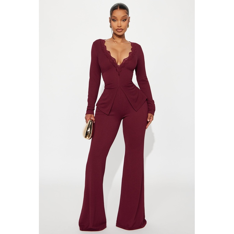 Veronica Wide Leg Ribbed Jumpsuit – Wine