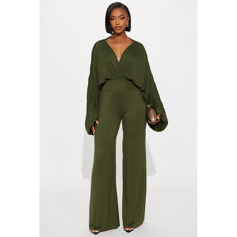 Ariana Ruched Sleeve Pant Set – Olive