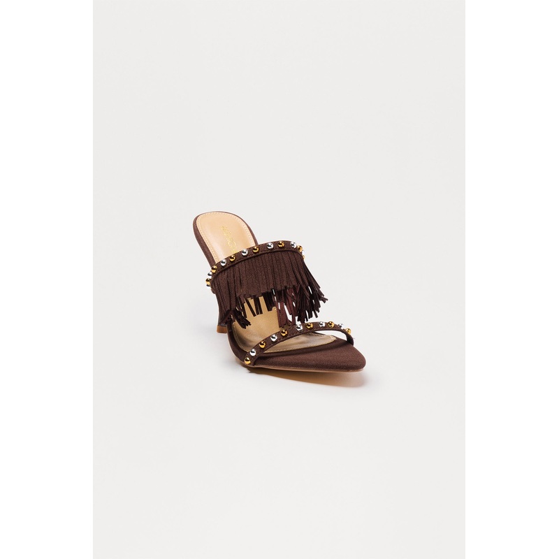 Bradley Studded Fringe Heels – Chocolate