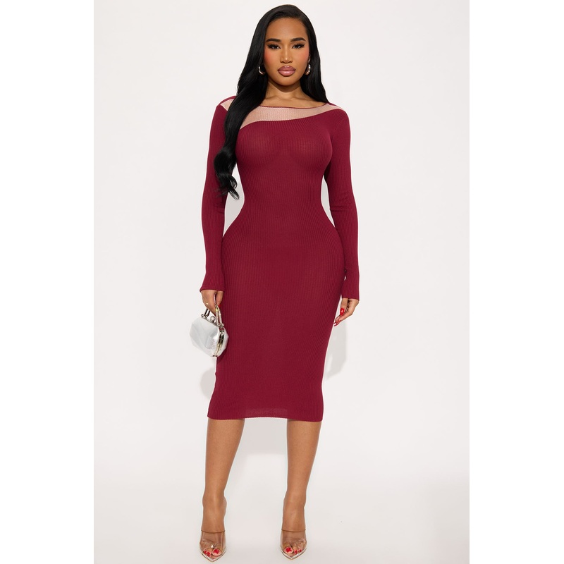 Bring The Drama Ribbed Midi Dress – Burgundy