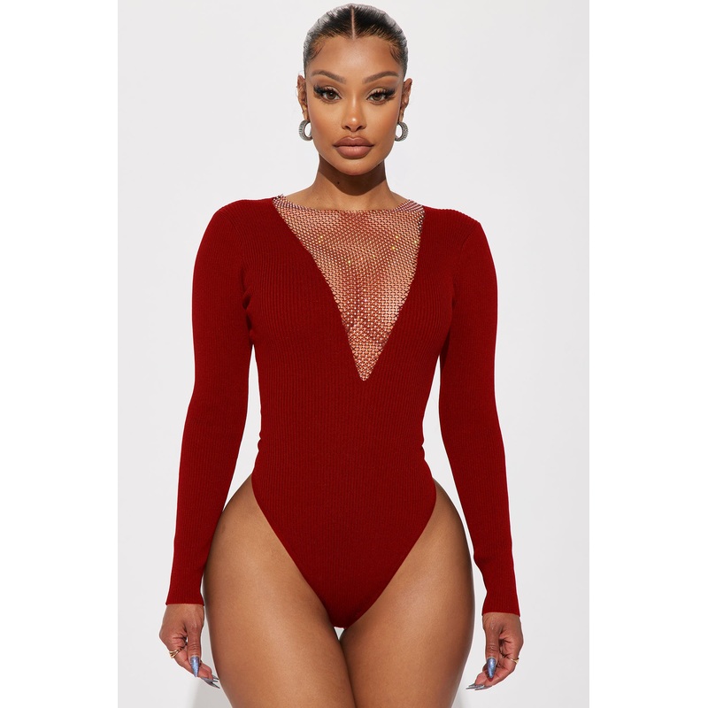 Camera Ready Rhinestone Bodysuit – Burgundy