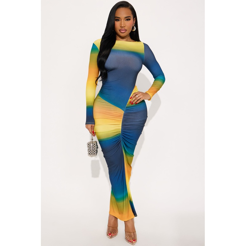 Candy Skies Ombre Long Sleeve Maxi Dress – Teal/combo