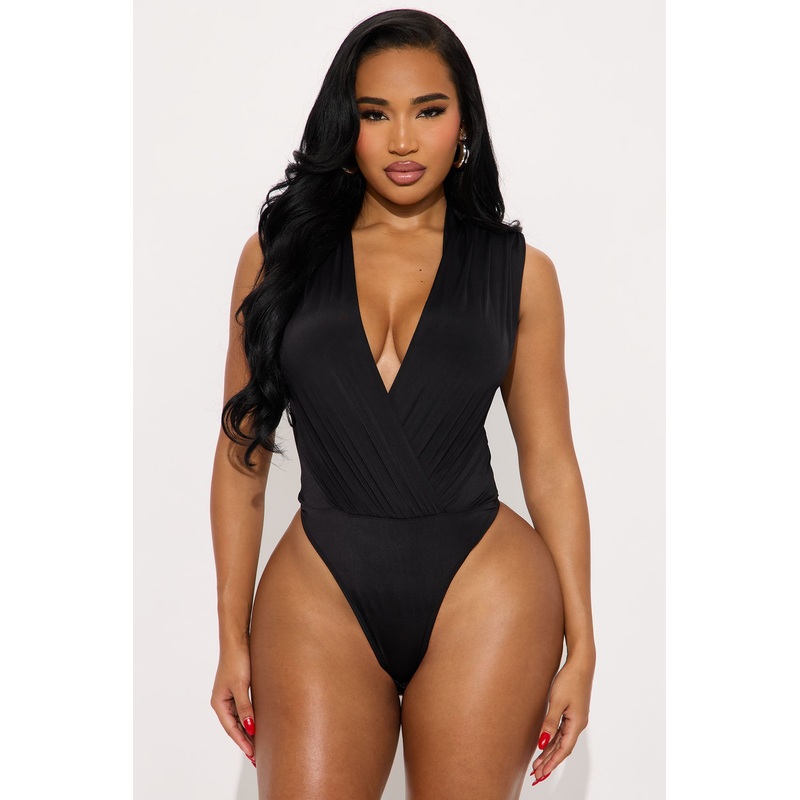 Gardenia Surplice Shoulder Pad Bodysuit – Black