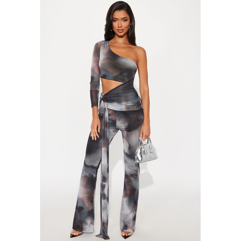 High Risk One Shoulder Flare Leg Jumpsuit – Charcoal/combo