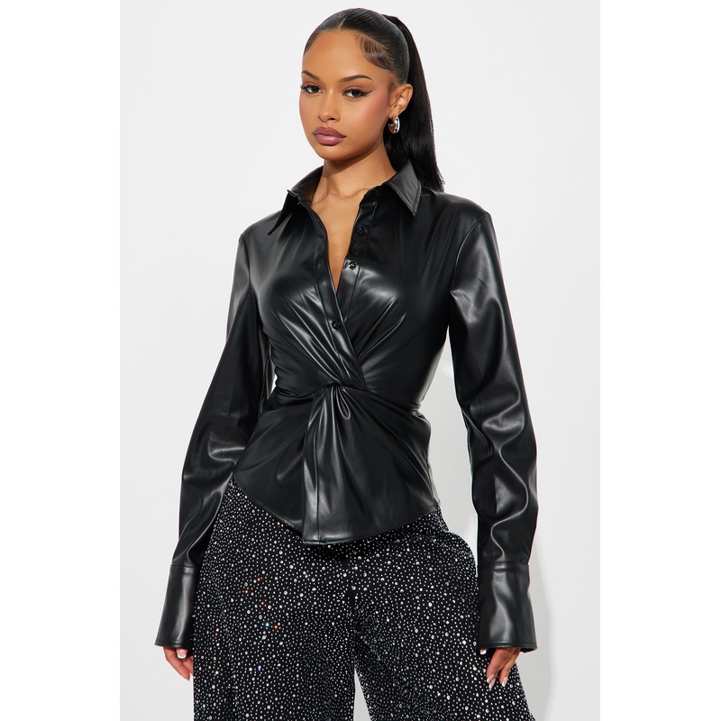 Jelena Twisted Faux Leather Top – Black