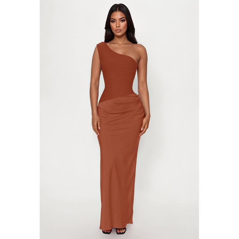 On Fire Bandage Satin Maxi Dress – Camel