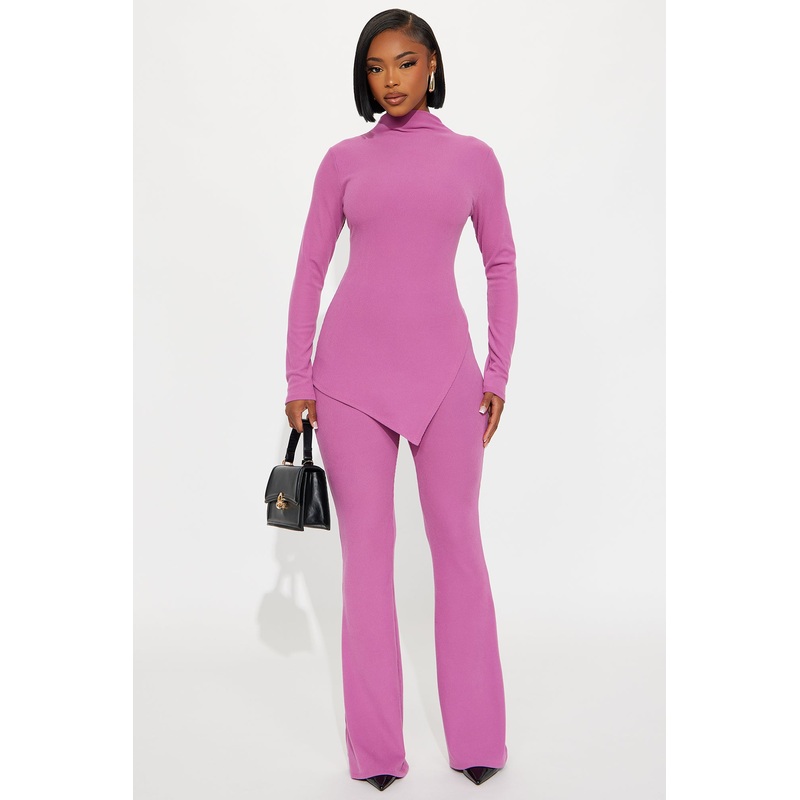 Sienna Ribbed Asymmetrical Long Sleeve Pant Set – Magenta