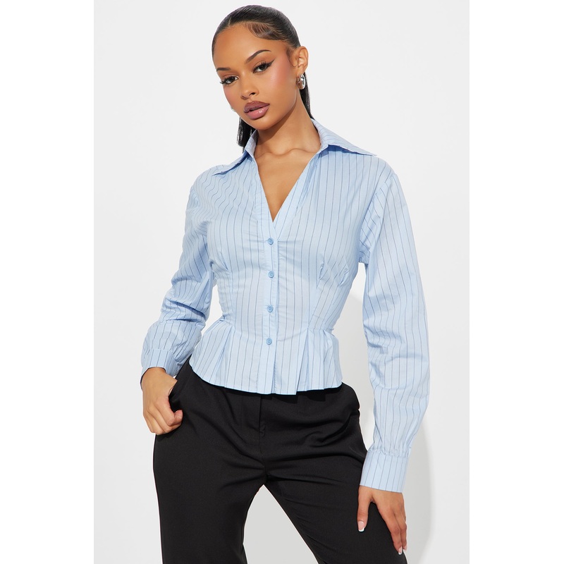 Stripe Me Pleated Poplin Button Up Shirt – Blue/combo