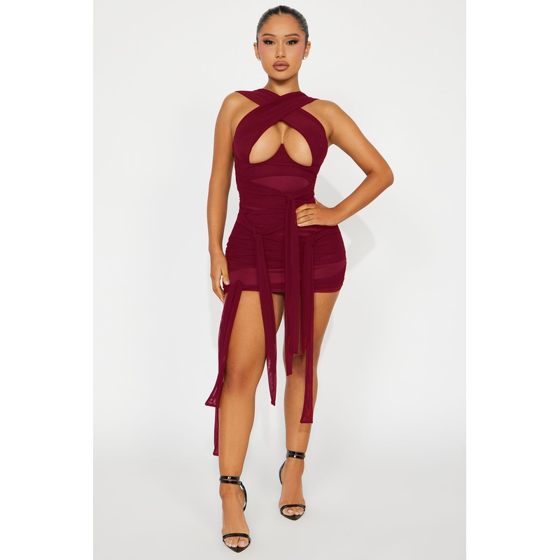 Tied To You Mesh Micro Mini Dress – DarkRed