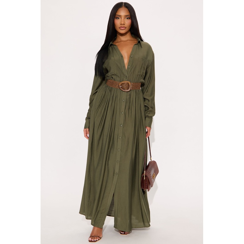 Alaya Linen Maxi Shirt Dress – Olive