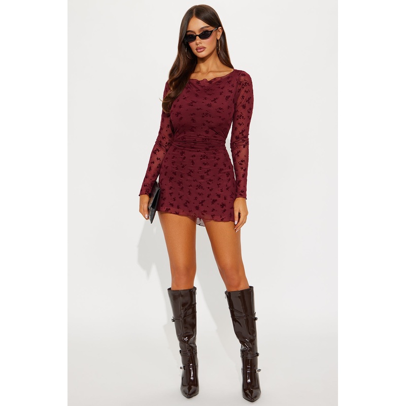 Brinley Flocked Mesh Mini Dress – Wine