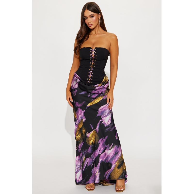 Cassia Satin Corset Gown – Black/Purple