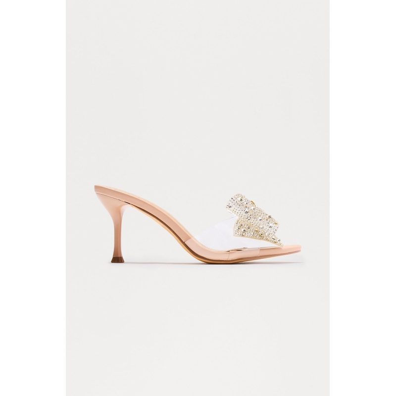 Cortese Rhinestone Clear Strap Heels – Nude