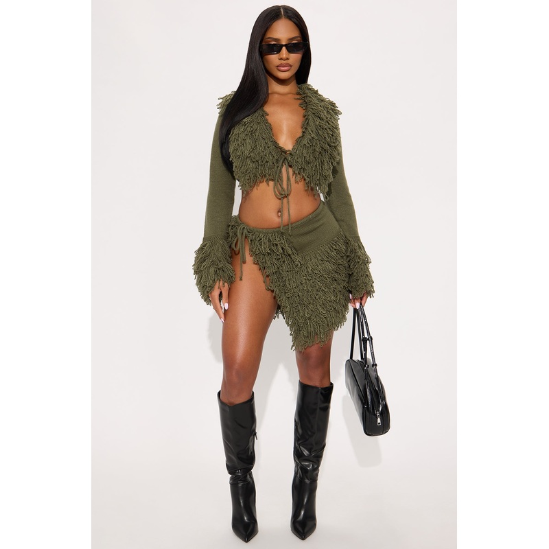 Falling For Me Fringe Sweater Skirt Set – Olive