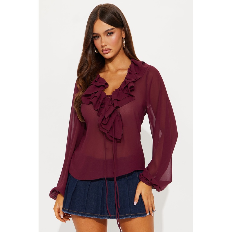 Living For This Ruffle Chiffon Blouse – Burgundy