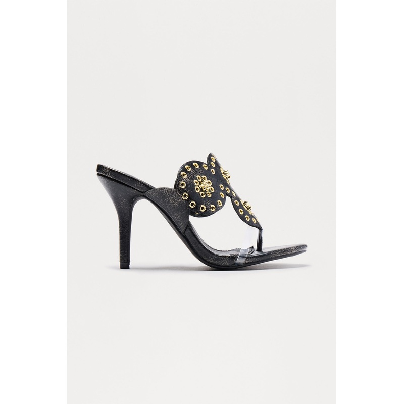 Mandala Studded Thong Heels – Black