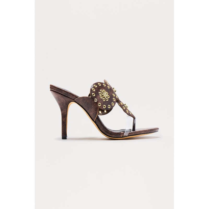Mandala Studded Thong Heels – Brown