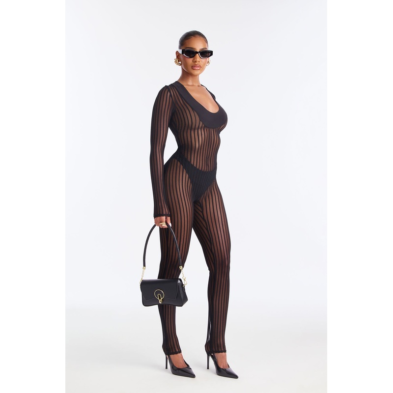 Odessa Mesh Stripped Skinny Leg Jumpsuit – Black
