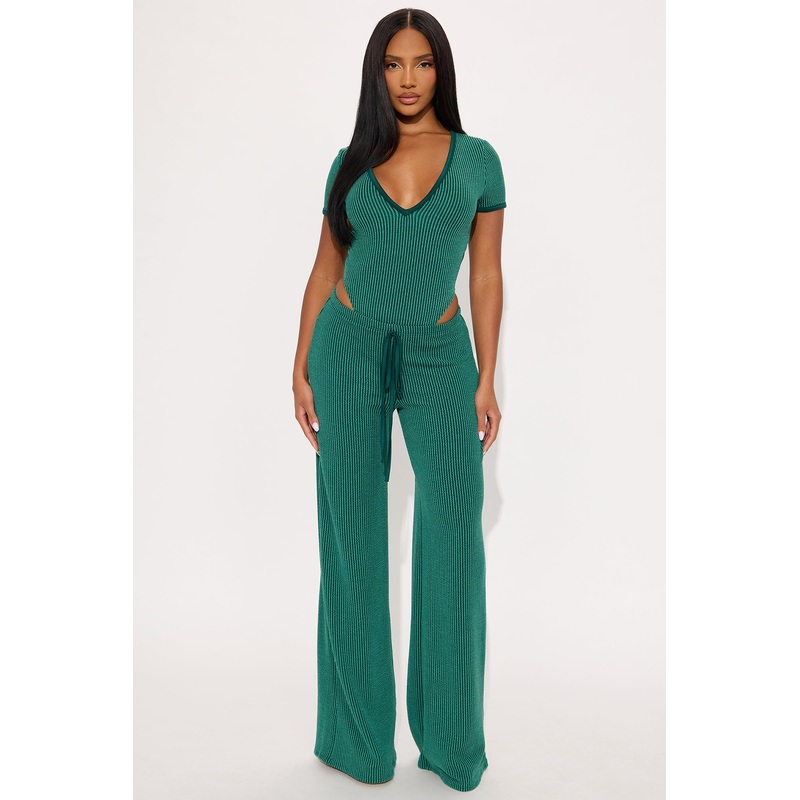 Paulette Short Sleeve Ribbed Bodysuit Pant Set – Green