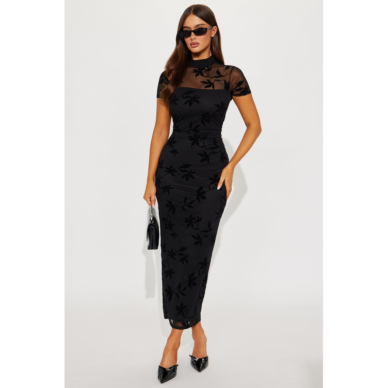 Such A Tease Flocked Maxi Dress – Black