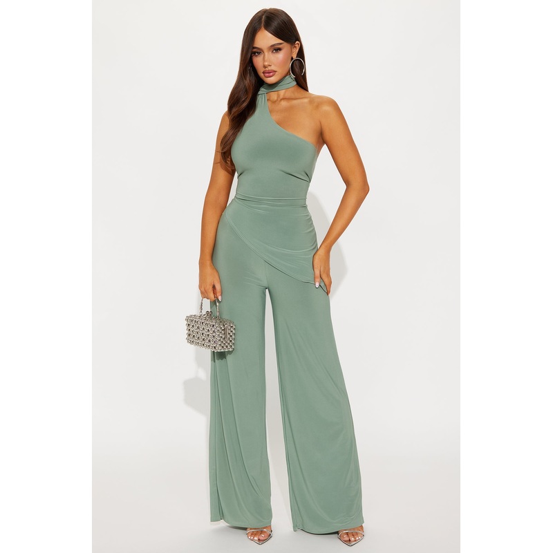 Valeria Asymmetrical Scarf Halter Pant Set – Sage