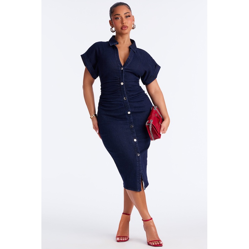 Amberly Ruched Denim Midi Dress – Dark Wash