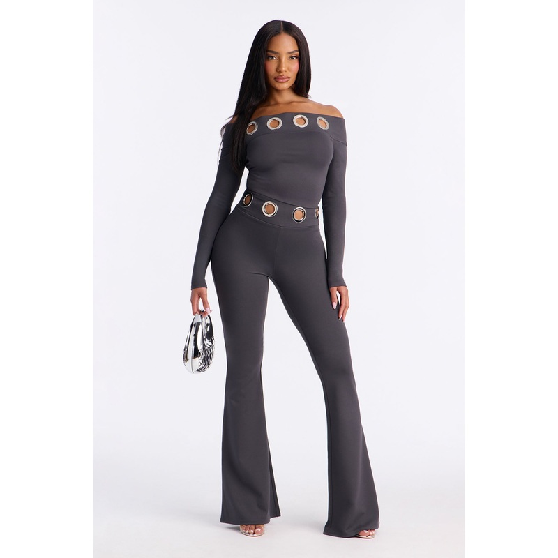 Aria Grommet Off Shoulder Pant Set – Charcoal