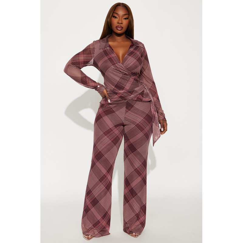 Cher Plaid Wrap Top And Pant Set – Burgundy