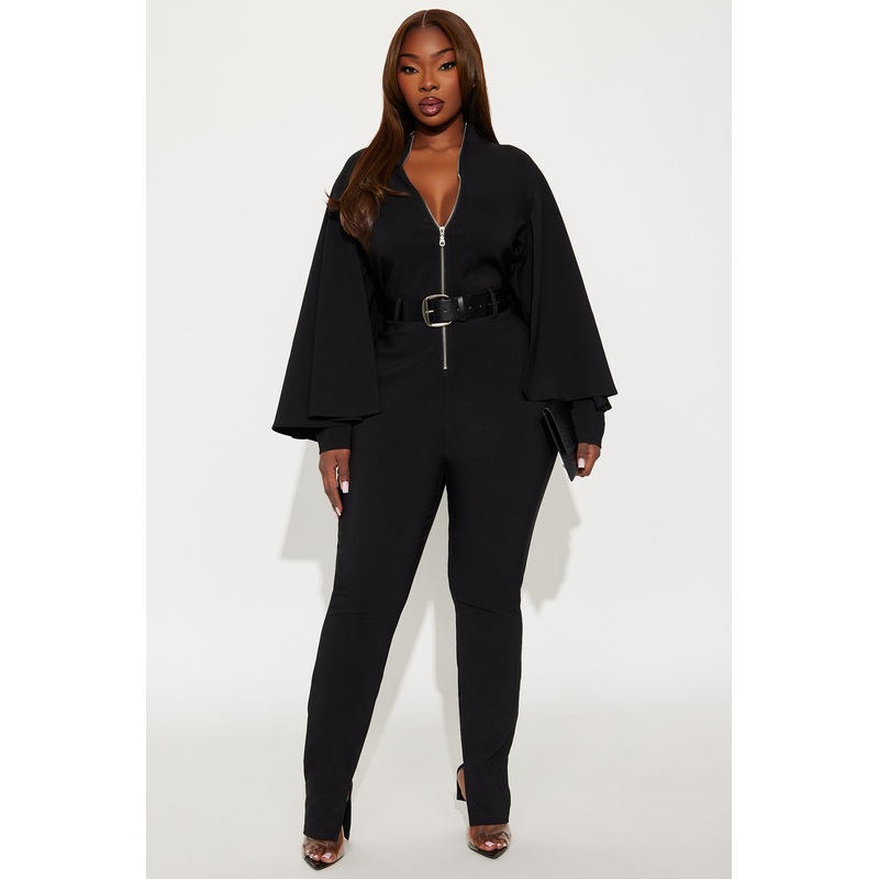 High Roller Cape Sleeve Belted Wide Leg Jumpsuit – Black