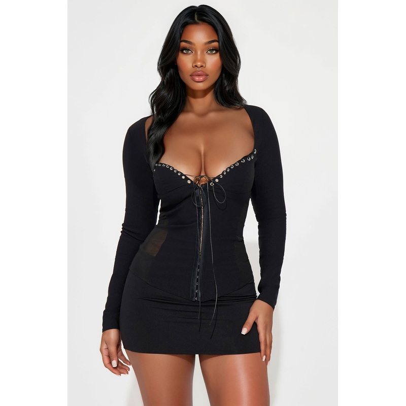 Janet Lace Up Corset Long Sleeve Top – Black