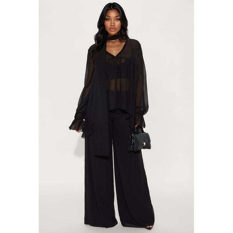 Karina Flowy Chiffon Wide Leg Pant Set – Black
