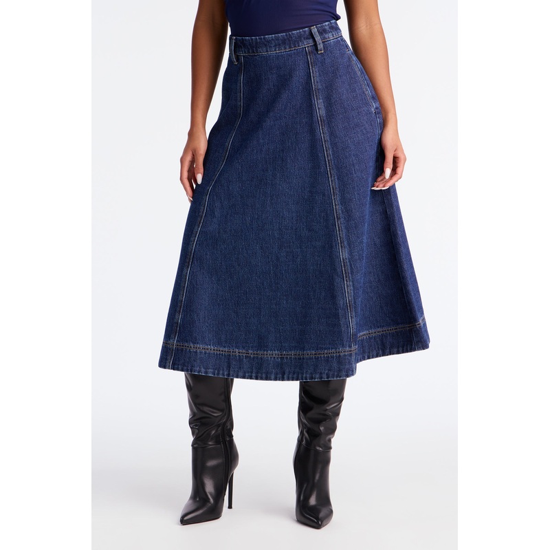 Keira A-Line Denim Midi Skirt – Dark Wash