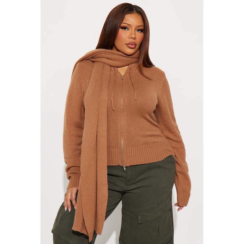 Knot Your Girl Zip Front 2pc Cardigan and Scarf Set – Taupe