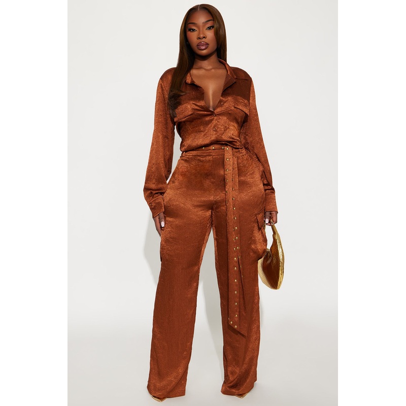 Myla Satin Cargo Jumpsuit – Bronze