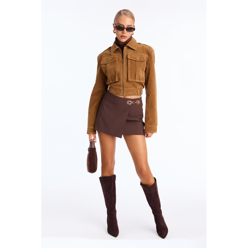 Paige Crepe Belted Wrap Mini Skirt – Chocolate